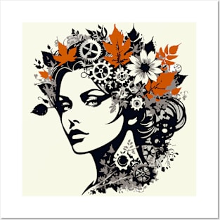 Graphic Art Portrait – Woman, Leaves, And Gears Posters and Art